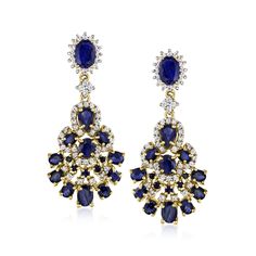 Ross-Simons - 8.20ct t. w. Sapphire, 1.70ct t. w. White Zircon Drop Earrings Over. Dramatic and vivid, these dazzling earrings bring major glamour to your going-out ensembles! An impressive show of 8.20 ct. t. w. round, oval and pear-shaped sapphires decorate chandelier-style drops with 1.70 ct. t. w. white zircon rounds in polished 18kt yellow gold over sterling silver. Hanging length is 1 5/8". Post/clutch, white zircon and sapphire drop earrings. Sapphire birthstones are the perfect gift for Decorate Chandelier, Sapphire Drop Earrings, Earrings Sapphire, Sapphire Birthstone, Dazzling Earrings, Chandelier Style, Pear Shaped, Pear, Sapphire