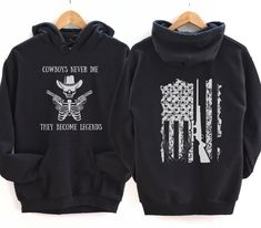 Looking for the perfect gift for the cowboy in your life, or a memorial shirt for your favorite cowboy, this is the perfect hoodie. Our cowboy skeleton hoodie is perfect for anyone looking to get into outdoor sports. With a cool graphic design and comfortable fit, this shirt will make you look and feel like a pro. Not to mention, our shirt makes a great gift for any hunter/fisher out there! This unisex heavy blend hooded sweatshirt is relaxation itself. Made with a thick blend of cotton and poly Country Hoodies, Cowboy Skeleton, Skeleton Hoodie, Cool Graphic Design, Cowboy Gifts, American Flag Hoodie, Gifts For Hunters, Country Life, Cold Day