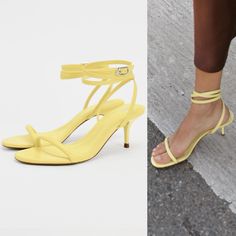 Heeled Leather Sandals. Tubular Straps At Front. Buckled Ankle Strap Closure. Heel Height: 2.6 Inches (6.5 Cm) Yellow | 2311/410 Composition Upper 100% Goat Leather Sole 100% Rubber Insole 100% Goat Leather Kitten Heel Wrap Strappy Light Yellow Wedding Guest Summer Formal Heels With Ankle Strap, Summer Leather Heels With 4-inch Heel, Yellow Sandals For Formal Spring Events, Yellow Formal Sandals For Spring, Elegant Yellow Heels For Summer, Elegant Yellow Summer Heels, Strap Heels For Spring Evening, Chic Pointed Toe Strap Sandals, Summer Leather Heels With Wrapped Heel