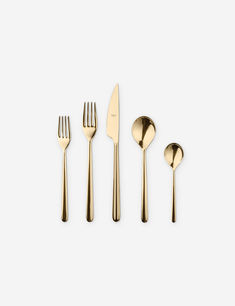 Five piece flatware set in polished gold Unique Flatware, Outdoor Dining Chair, Dining Chair Design, Patio Lounge, Upholstery Cleaner, Grey Stain, White Stain, Framed Fabric