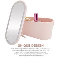 an image of a pink vanity mirror with cosmetics in it and the words unique design above it