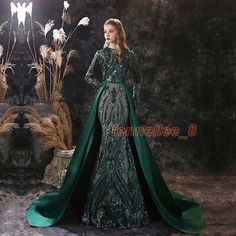 Trendy Fashion Evening Prom Dress Women Sequins Long Sleeve Fishtail Dress Bridal Wedding Gown, Women's Dresses White Wedding Dress With Emerald Green, Fish Tail Gown, Dragon Dress Fantasy Gowns, Fantasy Dress Queens, Dresses Fantasy Gowns, Elegant Ball Gowns, Peacock Dress, Fishtail Dress, Theme Dress