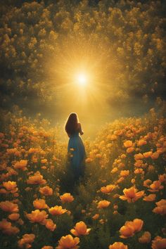 a woman standing in a field of yellow flowers with the sun shining down on her