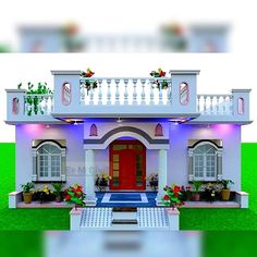 a house with flowers and potted plants on the front porch is shown in this 3d image