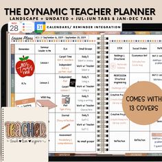 the dynamic teacher planner includes calendars, binders and stickers for teachers to use