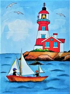 a painting of two people in a sailboat near a lighthouse