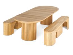 a wooden table and two benches sitting next to each other on a white background,