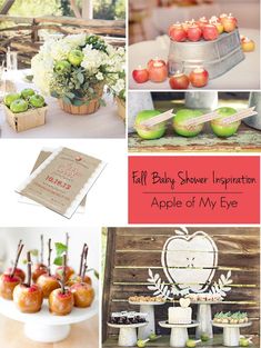 an apple themed baby shower is featured in this collage with apples, flowers and cupcakes