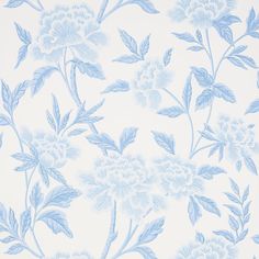 a blue and white wallpaper with flowers on it