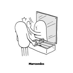 a cartoon drawing of a person opening a suitcase with the word marconics on it