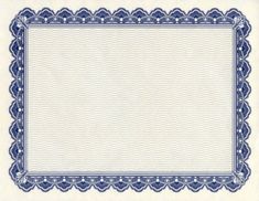 a blue and white certificate with an ornate border on it's edges, in front of