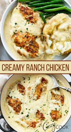 Ranch Chicken in a creamy sauce in a skillet and on a plate with a baked potato. Salad Pasta, Easy Chicken Dinner Recipes, Health Dinner, Ranch Chicken