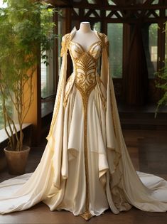 Gold Fantasy Dress, Royal Dress Aesthetic, Fairytale Gown, Fairytale Dress, Fantasy Dress