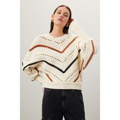 Off-white knit (70% Cotton, 30% Nylon). Sweater. Long sleeves. Crewneck. Pull on. 21" from shoulder to hemline. Imported. Off White Textured Knit Sweater For Fall, White Sweater With Ribbed Cuffs For Spring, White Spring Sweater With Ribbed Cuffs, White Ribbed Cuffs Sweater For Spring, White Pointelle Knit Crew Neck Top, White Crew Neck Knit Top For Fall, Chic White Sweater With Ribbed Cuffs, White Knit Sweater With Ribbed Cuffs, Cream Pointelle Knit Sweater For Fall