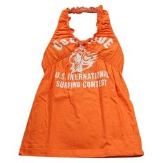 Gold Rush - Girl Halter Top, Orange, Elastic Ruffle Trim Halter, Elastic Empire Waist, OCEANSIDE Surfing Screen Print, 100% Cotton, #17342 Size: 2.  Gender: female.  Age Group: kids.