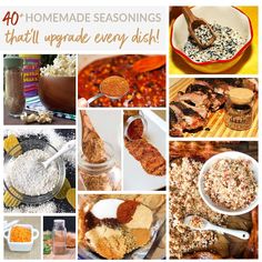 a collage of pictures with different foods and seasonings