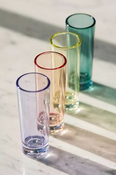 Morgan Shot Glasses, Set of 4 | Anthropologie Colorful Glassware Bar, Hosting Closet, Cute Shot Glasses, Colorful Glassware, Colored Wine Glasses, Retro Glassware, Mid Century Glassware, Unique Glassware, Tumbler Glasses