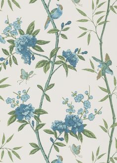 a wallpaper with blue flowers and green leaves