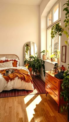 a bedroom with a bed, dresser and mirror in it's corner area next to a potted plant