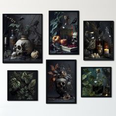 a set of six framed pictures with various items in them on a white wall next to plants and candles