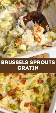 brussels sprouts gratin in a casserole dish with a wooden spoon