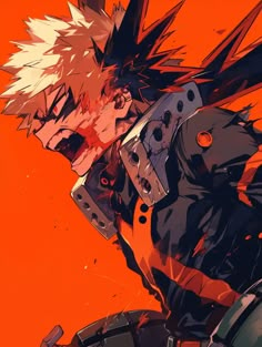 an anime character is standing in front of red and orange background with his head tilted to the side