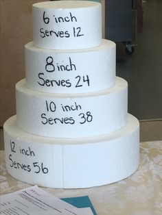 three tiered cake sitting on top of a table next to a piece of paper