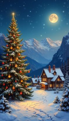 a painting of a christmas tree in front of a snowy mountain house with lights on it