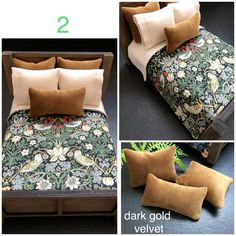 four different pictures of a bed with pillows and blankets on it, including two dark gold velvet pillow cases