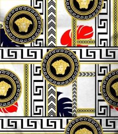 an art deco style wallpaper with gold and black designs on white background, including lion heads