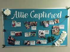 a bulletin board with pictures and flowers on it that says, alice captured by the students