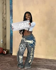 graduation pictures Homecoming Jeans Ideas, Senior Painted Jeans, High School Graduation Pictures, Grad Outfits, Senior Overalls