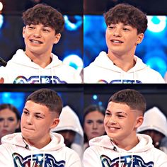 two pictures of a boy with different facial expressions on his face and in front of a microphone