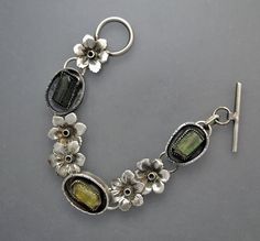 Flower Elements, Apatite Crystal, Green Tourmaline, Sterling Silver Bracelet