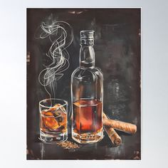 High-quality posters to hang in dorms, bedrooms or offices. Multiple sizes are available. Printed on 185gsm semi gloss poster paper. Additional sizes are available. Nostalgic Timeless Sophistication - Vintage Cigar and Whiskey Chalkboard Art AI Generated. A glass of whiskey with ice cubes is depicted next to a partially filled bottle, reflecting a warm amber liquid possibly indicative of bourbon or scotch, set against a dark background. Wispy smoke rises in elegant swirls above a lit cigar resting beside the glass, with a few tobacco pieces scattered around. Whiskey Painting Acrylic, Speakeasy Artwork, Whiskey Painting, Whiskey Art, Glass Of Whiskey, Whisky Bar, Bar Cart Art, Cigars And Whiskey, Fashion Themes