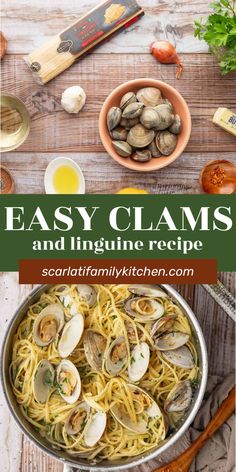 clams and linguine recipe with text overlay