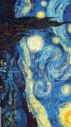 the starry night painting is shown in blue and yellow