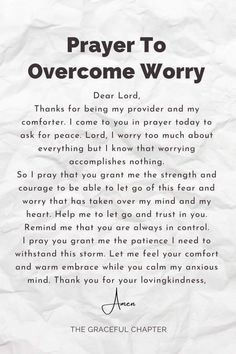 a prayer written on paper with the words prayer to overcome worry in black and white