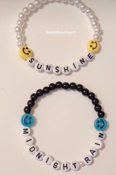 two bracelets with smiley faces and words that say sunshine, whimbraw