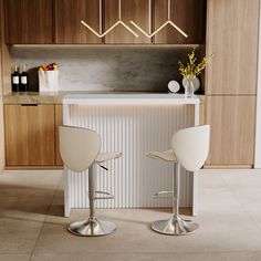 two white stools sitting in front of a counter