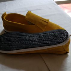 Never Worn Suede Fringe And Heel Summer Slip-on Suede Moccasins, Summer Suede Flat Moccasins, Yellow Round Toe Slip-ons, Summer Suede Moccasins With Rubber Sole, Casual Yellow Slip-on Moccasins, Yellow Closed Toe Slip-ons With Rubber Sole, Foldable Ballet Flats, Driving Loafers, Leather Slip On Shoes