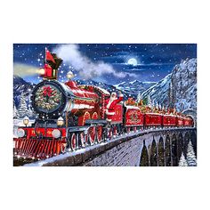 a painting of a red train traveling over a bridge in the snow with christmas decorations on it