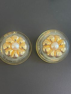 Vintage 1950's Lucite Earrings.  Round with Gold flowers and Pearl center Lucite Earrings, Earrings Round, Flower Clip, Pearl Flower, Gold Flowers, Chandelier Earrings, Silver Heart, Vintage 1950s, Clip On