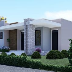 this is a computer rendering of a modern house with landscaping and shrubs on the front lawn