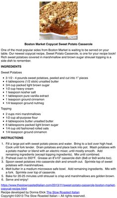 the recipe for boston market street sweet potato casserole is shown in this image