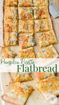 pumpkin ricotta flatbread cut into squares on a cutting board