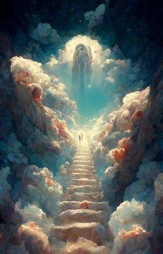 a stairway leading to heaven with clouds surrounding it