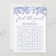 a blue and white wedding game card with the words find the guest, ring on it