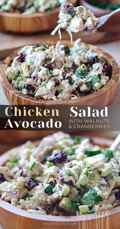 chicken salad with avocado Cranberry Walnut Chicken Salad, Walnut Chicken Salad, Dairy Free Appetizers, Cranberry Chicken Salad, Dairy Free Salads, Cranberry Chicken, Easy Chicken Salad, Clean Eating Lunch, Healthy Chicken Salad