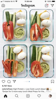 four plastic containers filled with veggies and eggs on top of each other,